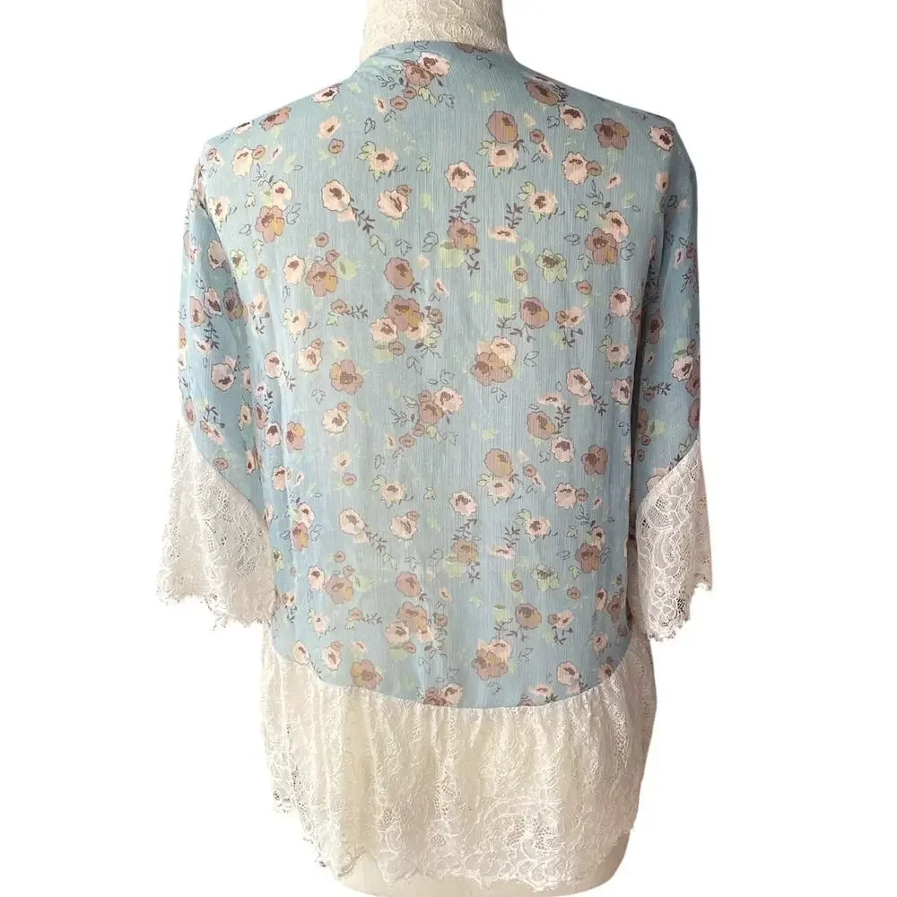 BCBGeneration Women's Blue Lacey Floral Boho Shawl Cape Bohemian Kimono Wrap